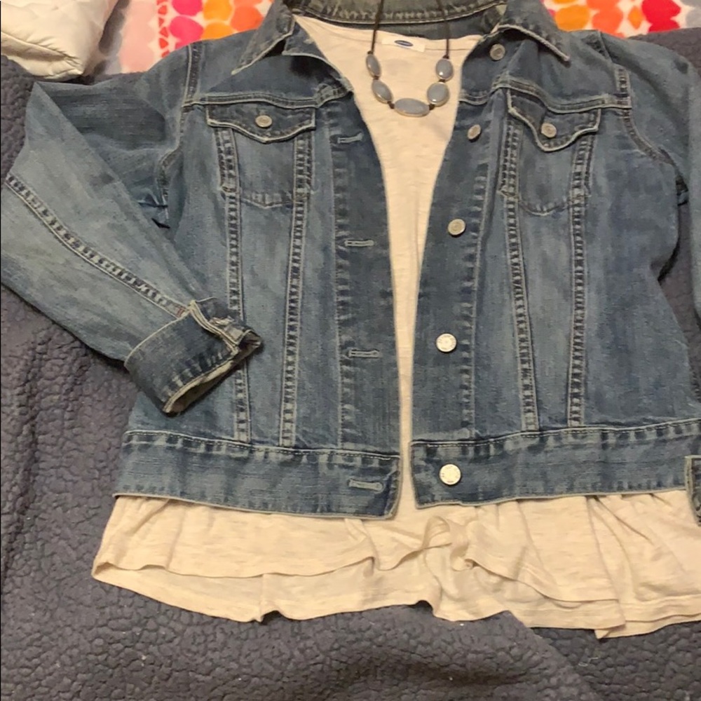 Lightly worn Jean jacket, long sleeve peplum top
